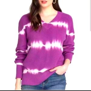Johnny Was Cable Knit V-neck Tie Dye Purple Sweater